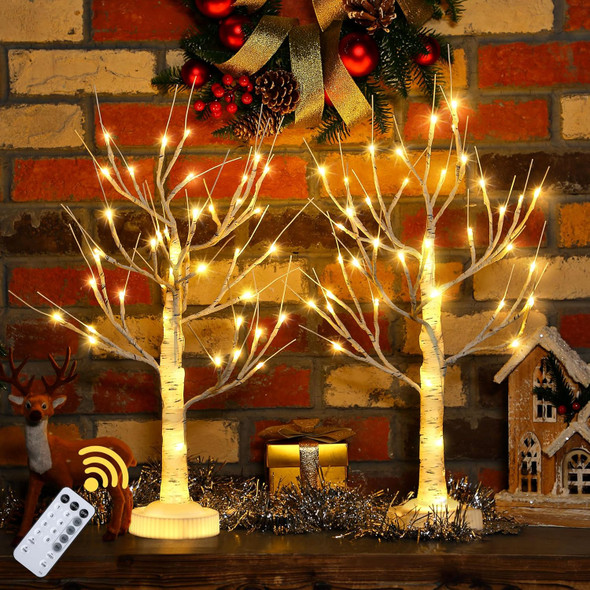 Enhon 2 Pcs 2ft Lighted Birch Tree Decor with Timer, USB, Battery Powered Artificial Branch Tree with 8 Modes, Remote Control, Tabletop Tree Light for Christmas Decor Indoor(Classic Style)