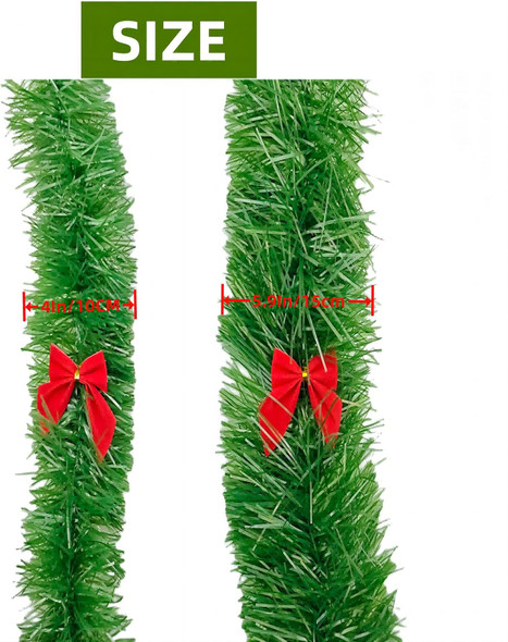 50 Feet Christmas Wreath Decorations, ENLAYER 4 Inch Width Soft Green Holiday Decor for Holiday Happy Year Party Tree Home Office Event with 12 Red Bow Tie(4Inch, 2PCS)