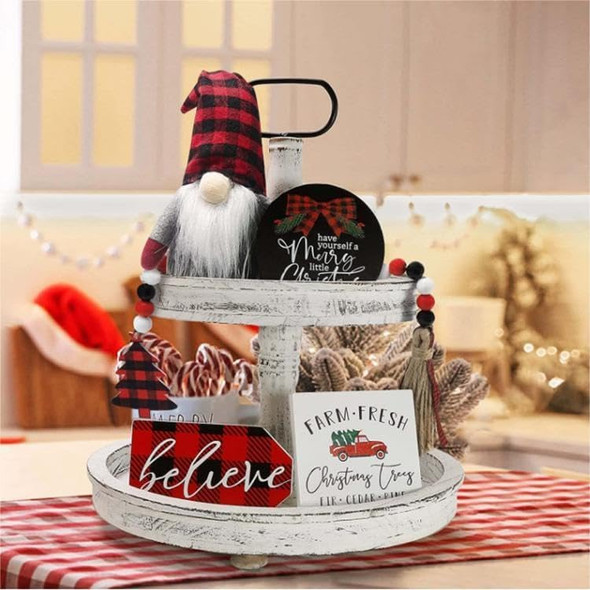 7pcs Christmas Gnome Tiered Tray Decor - Rustic Farmhouse Home Winter Kitchen Table Decorations- Wooden Bead Garlands Christmas Flocked Christmas Tree(Tray Not Included)