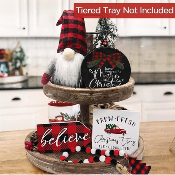 7pcs Christmas Gnome Tiered Tray Decor - Rustic Farmhouse Home Winter Kitchen Table Decorations- Wooden Bead Garlands Christmas Flocked Christmas Tree(Tray Not Included)