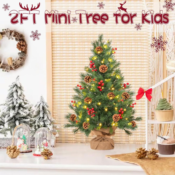 Mini Christmas Tree Small Tabletop Artificial Xmas Tree 2 FT 8 Lighting Modes, Battery-Operated Christmas Decor Ornaments Cement Base