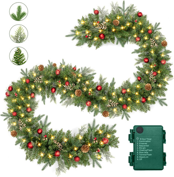 9FT Christmas Garland Prelit with Battery Operated 50 LED Lights, Artificial Xmas Greenery Garland Holiday Decoration Stairs Mantle Door Indoor Outdoor