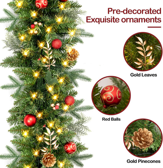 9FT Christmas Garland Prelit with Battery Operated 50 LED Lights, Artificial Xmas Greenery Garland Holiday Decoration Stairs Mantle Door Indoor Outdoor