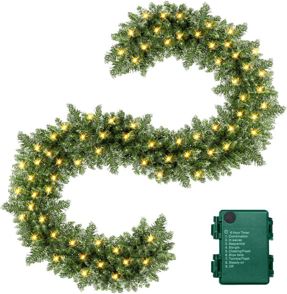 9FT Prelit Christmas Garland Artificial Pine Garland Decoration 50LED Battery Operated Warm Lights and Timer Xmas Garlands Decor Indoor Outdoor (1)