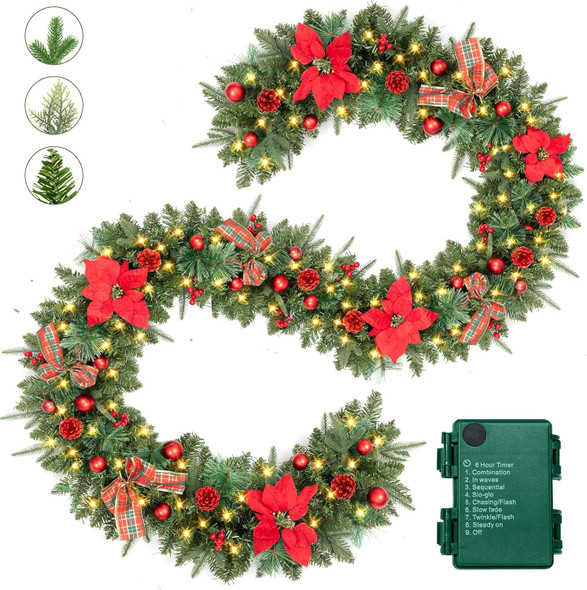 Prelit 9FT Christmas Garland with Berries and Balls,Pine Cone,Golden Flower and 50 Battery Operated Soft White LED Lights with Timer,Artificial Holiday Decoration Door Outdoor (Red)