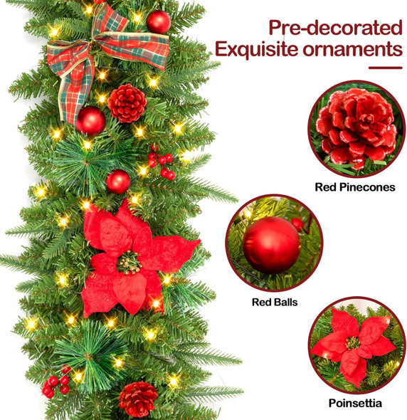 Prelit 9FT Christmas Garland with Berries and Balls,Pine Cone,Golden Flower and 50 Battery Operated Soft White LED Lights with Timer,Artificial Holiday Decoration Door Outdoor (Red)