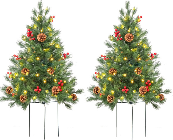 24 Inch Outdoor Christmas Tree 2 Set, Pre-lit Mini Christmas Tree Artificial Pathway Xmas Tree 50 LED with Red Berries, Pine Cones for Porch Holiday Decor