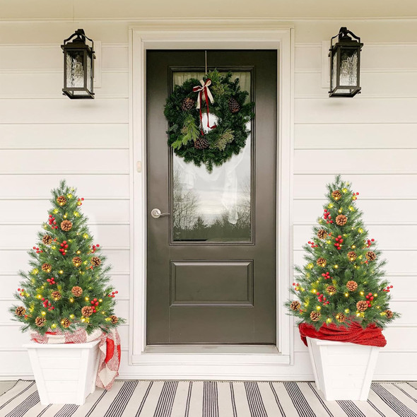 24 Inch Outdoor Christmas Tree 2 Set, Pre-lit Mini Christmas Tree Artificial Pathway Xmas Tree 50 LED with Red Berries, Pine Cones for Porch Holiday Decor