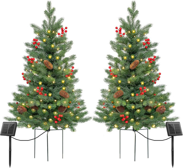 2 Set 30Inch Outdoor Christmas Tree, Pre-Lit 50LED Solar Power Christmas Porch Decorations Outdoor Tree, Hundreds Branch Tips Lush, Pine Cones, Red Berries and Red Ball (Classic Green)