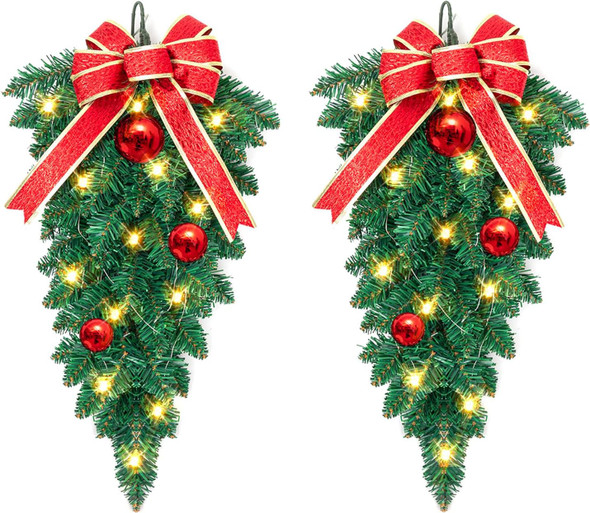 2 Pack Christmas Teardrop Swags Trim, Artificial Pine Swag with Bowknot, Red Berries and Pinecone, Winter Pine Needles Swag Greenery Cedar Swag for Xmas Table Door Decor (Green&Red)