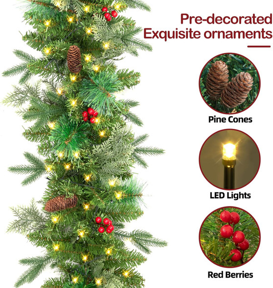 9FT Pre-Lit Artificial Christmas Garland with 50 LED Lights and Realistic Nordic Spruce and Scotch Pine Berries Pine Cones Xmas Garland for Mantle Stair Railing Indoor Outdoor