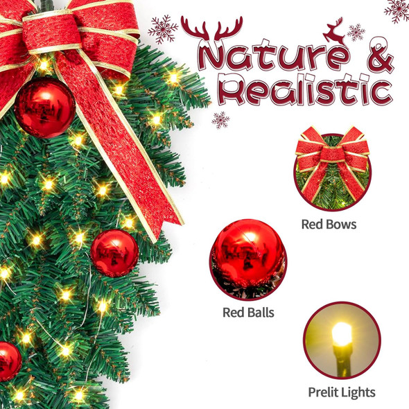 Christmas Stair Swags Teardrop Swag Wreath Stair Swag Garlands, Christmas Swag Wreaths for Front Door Holiday Wall Window Hanging Ornaments Indoor Outdoor Home Decor Set of 4 (Red Bow)