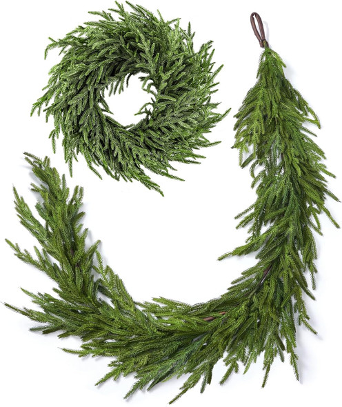 Real Touch Norfolk Pine Christmas Garland and Wreath Set, 24IN Green Wreath and Christmas Garland Artificial Faux Greenery Norfolk Pine for Holiday Indoor Mantle Decor (6FT - 24IN)
