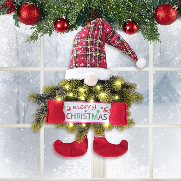 30 Inch Christmas Wreath Gnome,Pine Needle Swedish Tomte Christmas Wreath,Festive Hanging Ornament with LED String Lights for Front Door,Window,Porch,Indoor/Outdoor Xmas Decoration