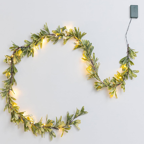 6 FT Lighted Christmas Garland Pre-lit with 20 LED Lights, Battery Operated, Christmas Garland Decorated with Snowflake for Mantle Stairs Wall, Indoor Outdoor Olive Garland for Christmas Decorations