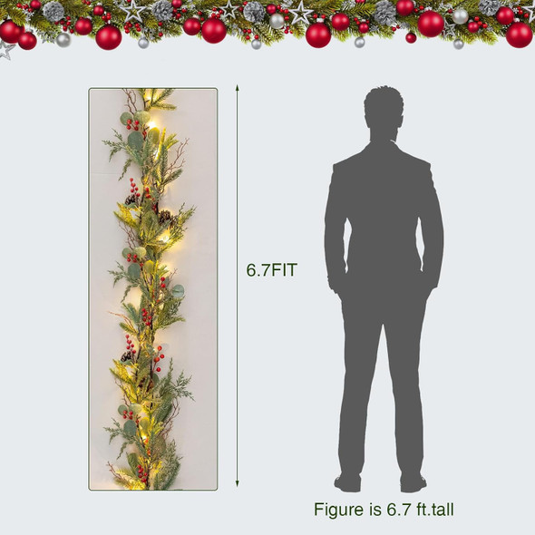 Ethlomoer 6.7FT Prelit Christmas Garland with Lights, Battery Operated Lighted Garland for Mantle Stairs Wall with Timer/Pinecone/Berriy, Indoor&Outdoor Green Pine Garland for Christmas Decorations