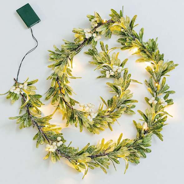 Ethlomoer 6.6FT Pre-lit Christmas Garland with 20 LED Lights, Battery Operated, Flocked Olive Lighted Garland with Snowflakes for Mantle Stairs Wall, Indoor&Outdoor, Greenery Garland for Christmas Dec