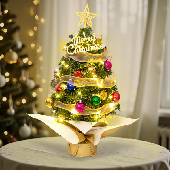 Mini Christmas Tree with Lights, 24'' Tabletop Christmas Tree with Abundance of Ornaments, Small Christmas Tree for Bedroom, Living Room, Fireplace, Dining Table, Perfect Christmas Decor