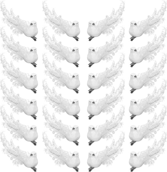 24pcs Artificial White Doves Decoration with Metal Clips, White Feathered Mini Birds Clip on Tree Ornaments for DIY Crafts Christmas Tree Ornaments, Wreaths, Wedding Decor