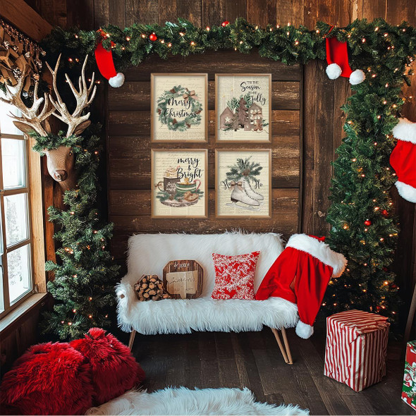 ETVISO Vintage Christmas Wall Art Prints Set of 4, Christmas Decor, Retro Merry Christmas Garland Poster Art, Winter Holidays Print Decor, 8x10 (Unframed)