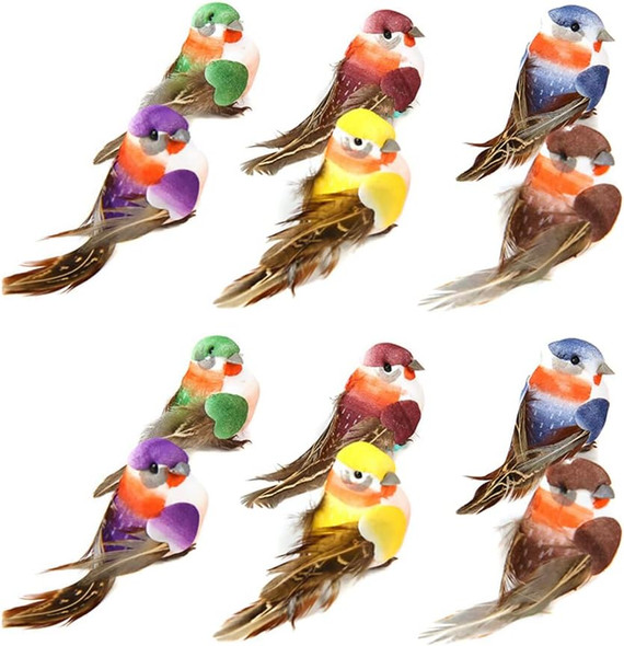12PCS Feathered Birds, Colorful Artificial Lifelike Feathered Birds Foam Feathered Birds with Wire for DIY Crafts Christmas Tree Home Garden Wedding Decor