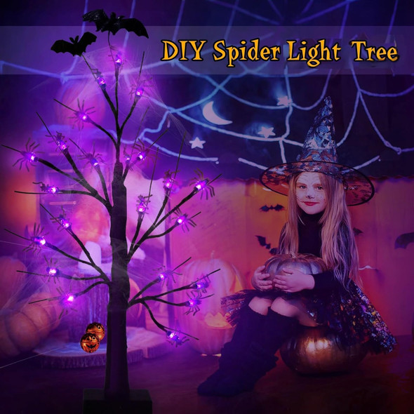 Halloween Decorations Indoor Spider Lights Tree,2Ft Black Spooky Tree with Spider,Spider Web,Bat and Pumpkin Bell Halloween Tree Decorations,Battery and USB Desktop Halloween Black Tree for Home Decor
