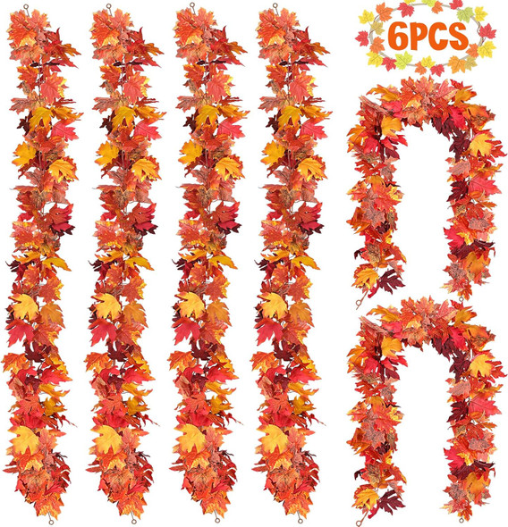 6 Pack Fall Decor for Home Fall Leaves Garland Thanksgiving Decorations Indoor Outdoor 5.8Ft/Piece Artificial Maple Leaf Garland for Autumn Harvest Halloween Party Thanksgiving Door Decor (Red)