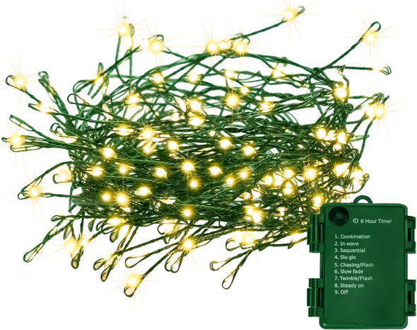 Battery Operated Christmas Lights, 10FT 100 Micro LEDs Fairy Lights with 8 Modes and Timer, Green Copper Wire for Indoor Outdoor Christmas Tree Wreath Garland Garden Party,Warm White