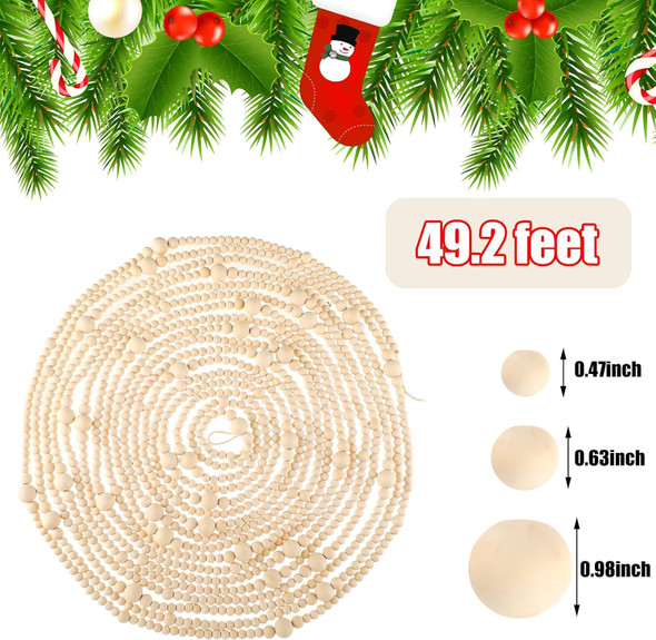 49.2 ft Christmas Wood Bead Garland Xmas Bead Garland Round Craft Bead Garland Christmas Vintage Decorations Boho Farmhouse Ornaments for Holiday Xmas Tree Decor (Wood Color)
