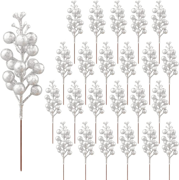 Fangoo 24 Pack Glitter Silver Stems,Artificial Glitter Silver Berry Picks Holly Red Berries Branches Christmas Berry Stem Picks for Christmas Tree Wedding Holiday Season Winter Home Decoration(19 CM)