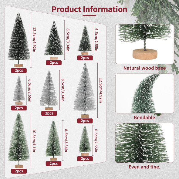 Fangoo 46pcs Mini Christmas Bottle Brush Trees with Christmas Figurines Ornaments Artificial Miniature Tree Wooden Base for Decorating Christmas Parties and Winter Craft