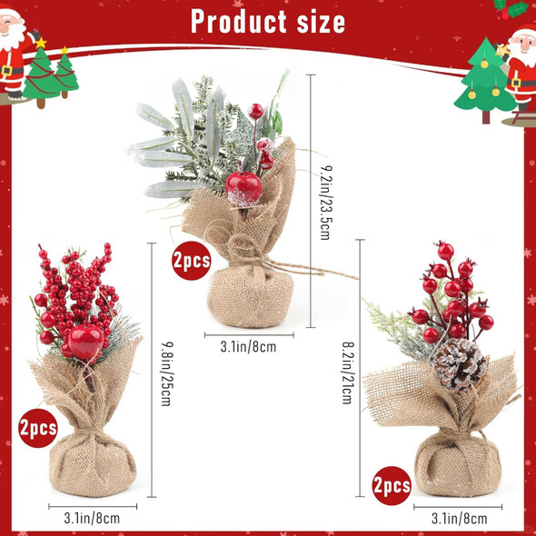Fangoo 6pcs Mini Artificial Christmas Tree with Pine Cone Red Berry Desktop Tree with Linen Base Artificial Frost Trees Xmas Tree for Office Desks and Christmas Party Decorations