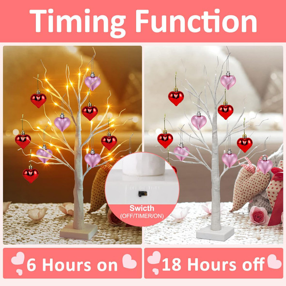2 Pack Prelit White Birch Tree -2FT Valentines Tree with 10 Pink & Red Heart-Shaped Ornaments, 24 Warm White LED, Battery Operated, 6-Hours Timer, Tabletop Lamp for Home Party Wedding Xmas Decor