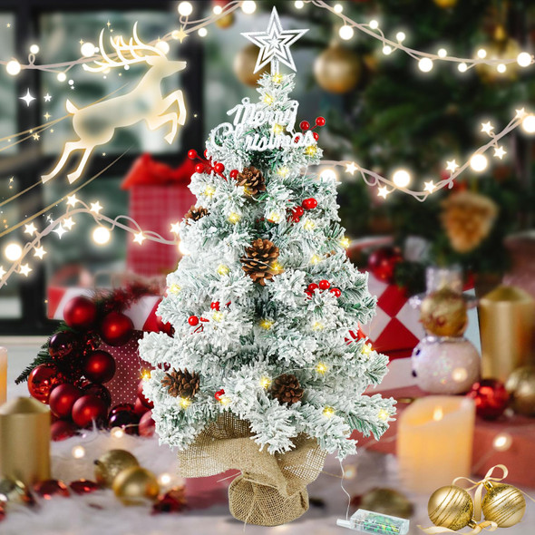 24 Inch/2 FT Mini Christmas Tree Blind Box, Small Tabletop Flocked Tree with LED Lights, Pine Cones, Star Tree Topper, Snow Flocked Artificial Pine Xmas Tree,Mini Box and Cloth Bag Base