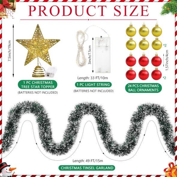 Christmas Tree Garland Set 49Ft Christmas Green Frost Tip Tinsel Garland with Lights Christmas Tree Star Topper and 24 Pack Mini Christmas Ornaments Balls for Xmas Decor Supplies