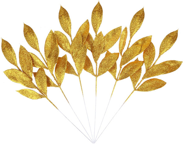 Felice Arts 6 Pack Artificial Golden Glitter Leaves 13" Fake Christmas Picks Decorative Glitter Sticks for Vase Christmas Tree DIY Wreath Crafts Fireplace Decor
