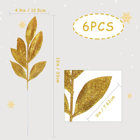 Felice Arts 6 Pack Artificial Golden Glitter Leaves 13" Fake Christmas Picks Decorative Glitter Sticks for Vase Christmas Tree DIY Wreath Crafts Fireplace Decor