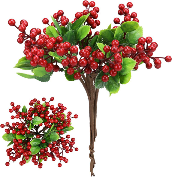 Felice Arts 6 Pack Christmas Picks Artificial Red Berry Stems Fake Holly Berries for Xmas Tree Ornaments DIY Wreath Vase Fireplace Decor