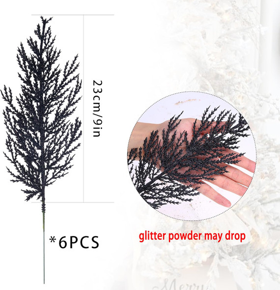 Felice Arts 6 Pack Artificial Flat Black Glitter Pine Needles 13" Fake Decorative Glitter Sticks for Halloween Vase Christmas Tree DIY Wreath Crafts Fireplace Decor