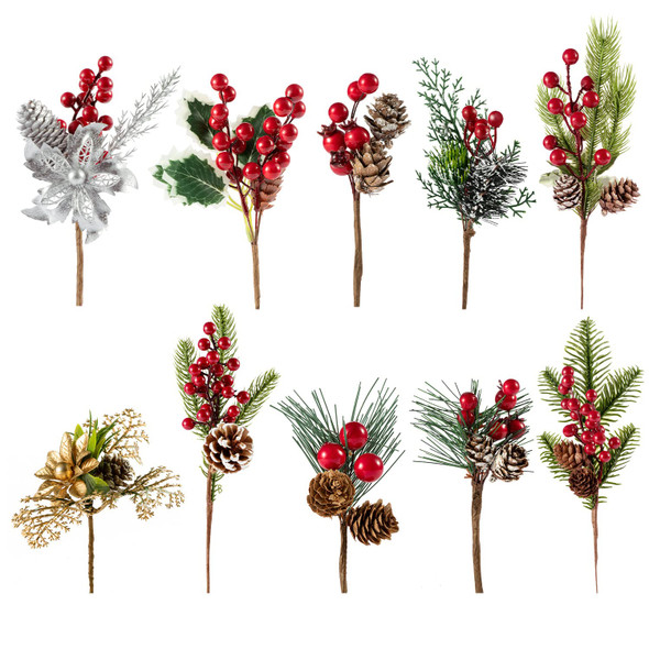 20 Pack Christmas Red Berry Picks Stems 10 Styles 5-11Inch Pine Picks and Sprayss for Christmas Tree Wreath ing Props Winter Holiday