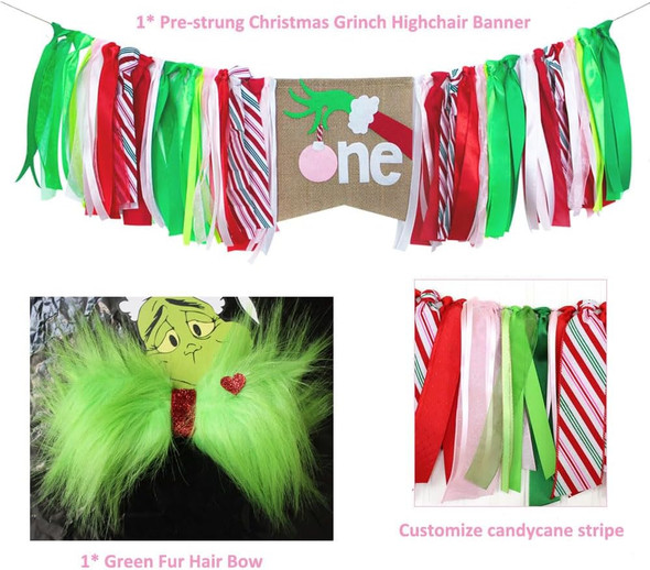 Christmas High Chair Banner, Girl Christmas 1st Birthday Sign Banner, Candy Cane Red, Green,Pink Highchair Garland with Hair Bow for Girls Christmas First Birthday, Photo Booth Props And Cake Smash
