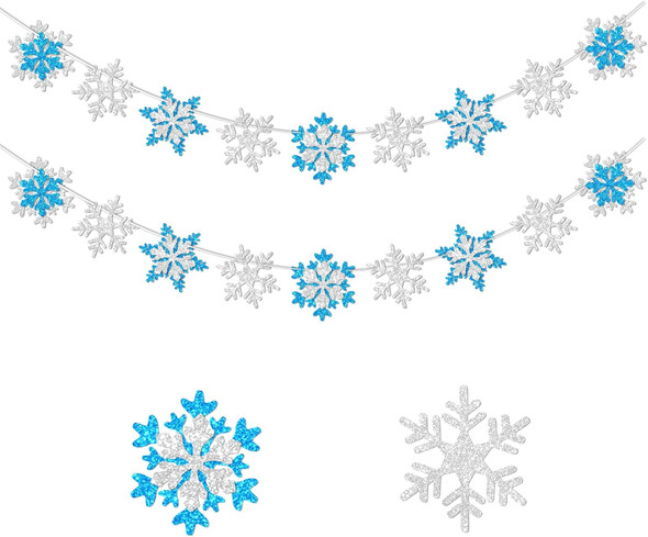 Glitter Frozen Snowflake Garland Decorations Banner Winter White and Blue Snowflakes Banner Decorations for Wonderland Frozen Party Decorations, Birthday and Christmas Deco