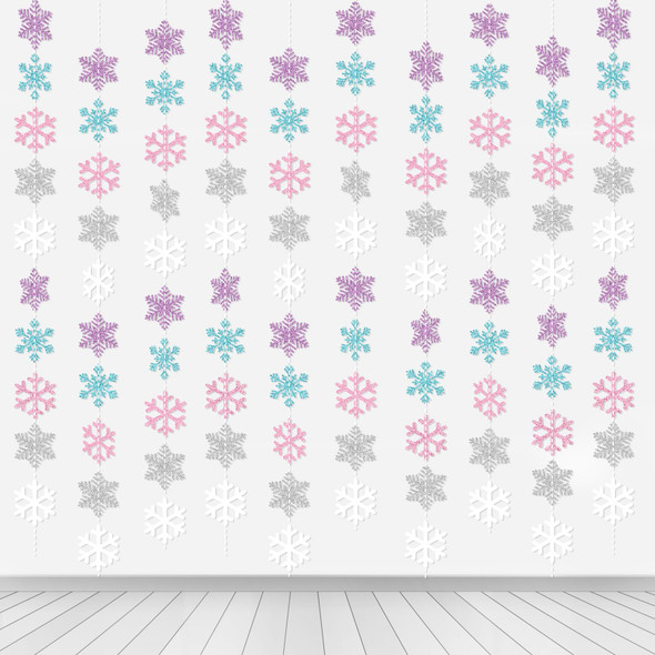 Winter Snowflake Hanging Decorations, Glitter Purple Pink Silver Christmas Snowflakes Hanging Garland Frozen Party Decorations for Winter Wonderland Baby Shower Frozen Birthday Party Decorations