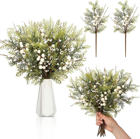 10 Pcs Christmas Floral Picks 13.7 Inch Christmas Berry Picks with Holly Berries Artificial White Berry Stems Pine Sprigs Branches Floral Arrangement for Xmas Tree Wreath DIY Holiday Decor