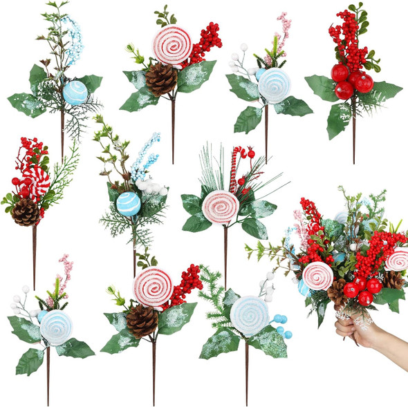 10 Pcs Pastel Color Christmas Tree Picks Christmas Berry Stems with Lollipop Peppermint Picks Christmas Red Green Candy Canes Berry Tree Picks for Holiday Xmas Tree