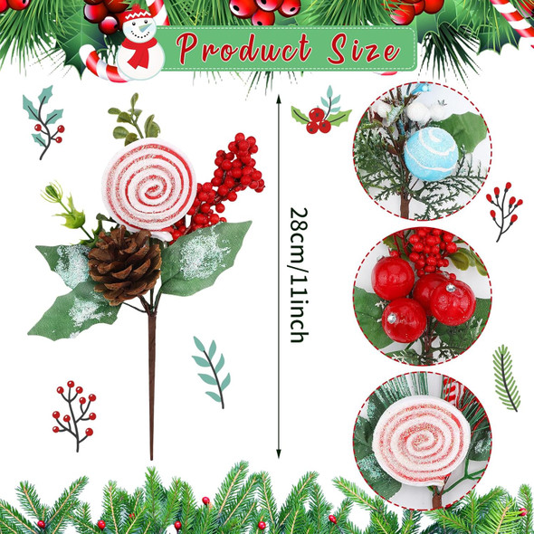 10 Pcs Pastel Color Christmas Tree Picks Christmas Berry Stems with Lollipop Peppermint Picks Christmas Red Green Candy Canes Berry Tree Picks for Holiday Xmas Tree