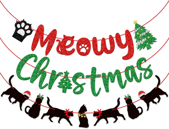 Meowy Christmas Banner, Cat Christmas Decorations, Funny Merry Christmas Banner, Christmas Black Cat Garland, Xmas Christmas Party Supplies, Red Green Black