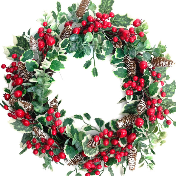 18 Inch Holly Berry Pine Cones Wreath Christmas Wreath for Front Door, Evergreen Winter Holiday Wreath Green Holly Front Door Wreath