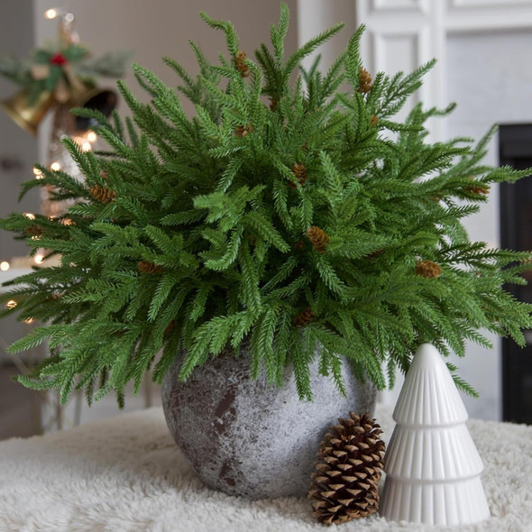 Artificial Christmas Norfolk Pine Stems Branches for Vases,12 Bundles Fake Faux Evergreen Green Real Feel Touch Stem Greenery with Pine Cones for Xmas Holiday Winter Table Indoor Decoration