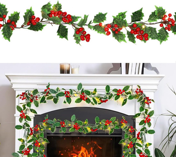 9FT Christmas Garland with Lights,Pre-lit Artificial Red Berries & Holly Leaves Lighted Garlands,Indoor Outdoor Xmas Decor,Winter Home Year Mantle Fireplace Table Decortions